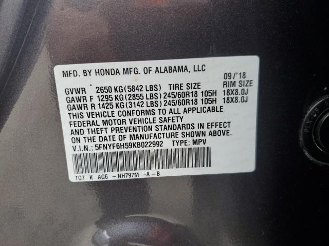 5FNYF6H59KB022992 - 2019 HONDA PILOT EXL CHARCOAL photo 14