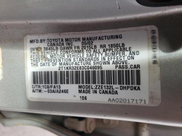 2T1KR32E83C046095 - 2003 TOYOTA COROLLA MA XR TWO TONE photo 12