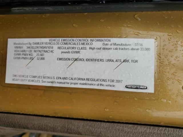 3AKJGLDR7HSHV1018 - 2017 FREIGHTLINER CASCADIA 1 ოქროსფერი ფოტო 10