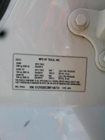 5YJYGDEE3MF148774 - 2021 TESLA MODEL Y თეთრი ფოტო 12