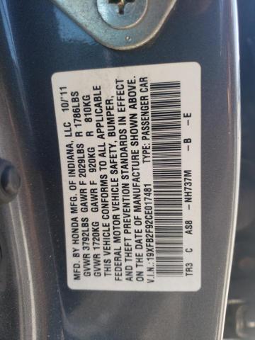 19XFB2F92CE017481 - 2012 HONDA CIVIC EXL Մոխրագույն լուսանկար 12