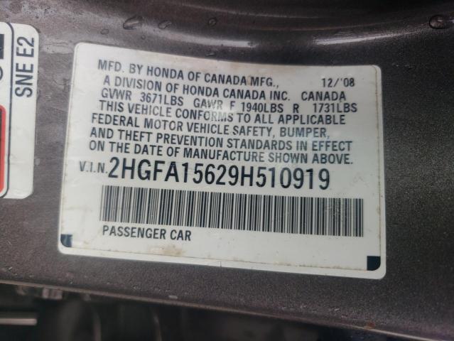 2HGFA15629H510919 - 2009 HONDA CIVIC LX-S Gris foto 13