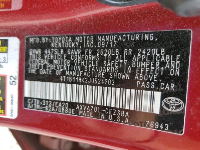 4T1B11HK3JU524203 - 2018 TOYOTA CAMRY L BURGUNDY photo 12
