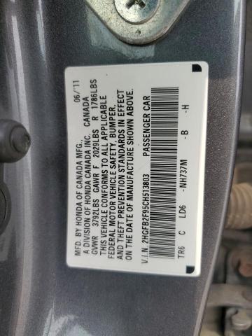 2HGFB2F95CH513803 - 2012 HONDA CIVIC EXL GRAY photo 12