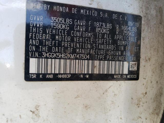 3HGGK5H62KM747504 - 2019 HONDA FIT SPORT Белый фото 12