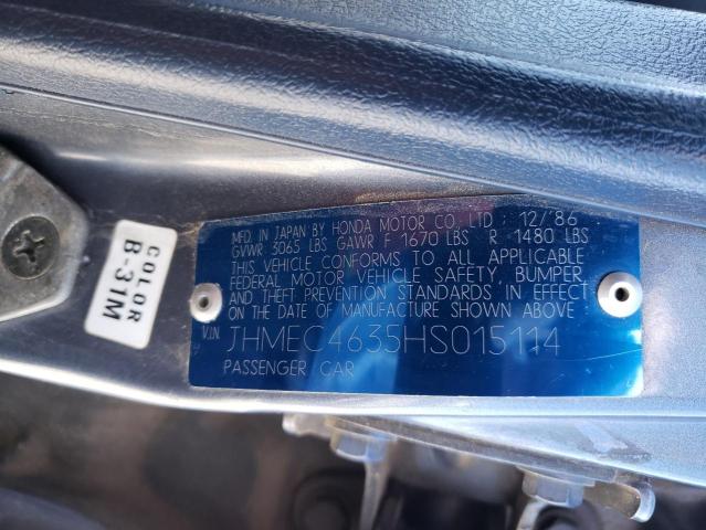 JHMEC4635HS015114 - 1987 HONDA CIVIC 1.5 BLUE photo 12