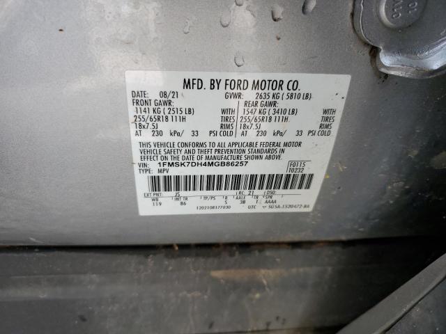 1FMSK7DH4MGB86257 - 2021 FORD EXPLORER XLT SILVER photo 14