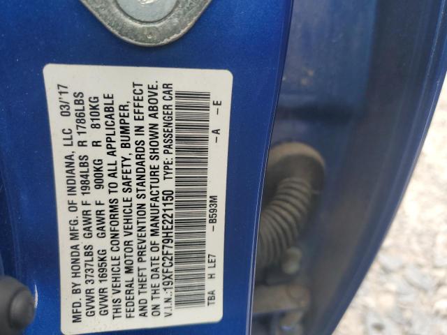 19XFC2F79HE221150 - 2017 HONDA CIVIC EX BLUE photo 12