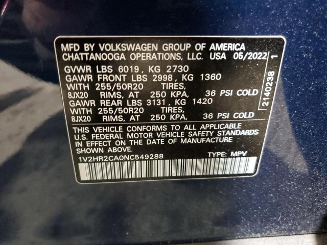1V2HR2CA0NC549288 - 2022 VOLKSWAGEN ATLAS SE Mavi fotoğraf 13