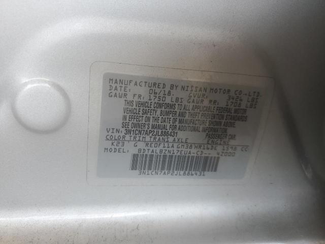 3N1CN7AP2JL886431 - 2018 NISSAN VERSA S 银色 照片 12