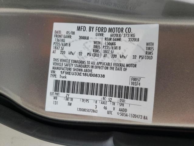 1FMEU33E18UB08338 - 2008 FORD EXPLORER S LIMITED GRAY photo 12