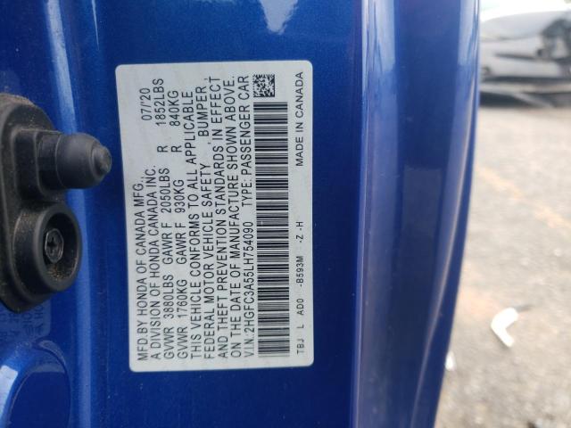2HGFC3A55LH754090 - 2020 HONDA CIVIC SI BLUE photo 12