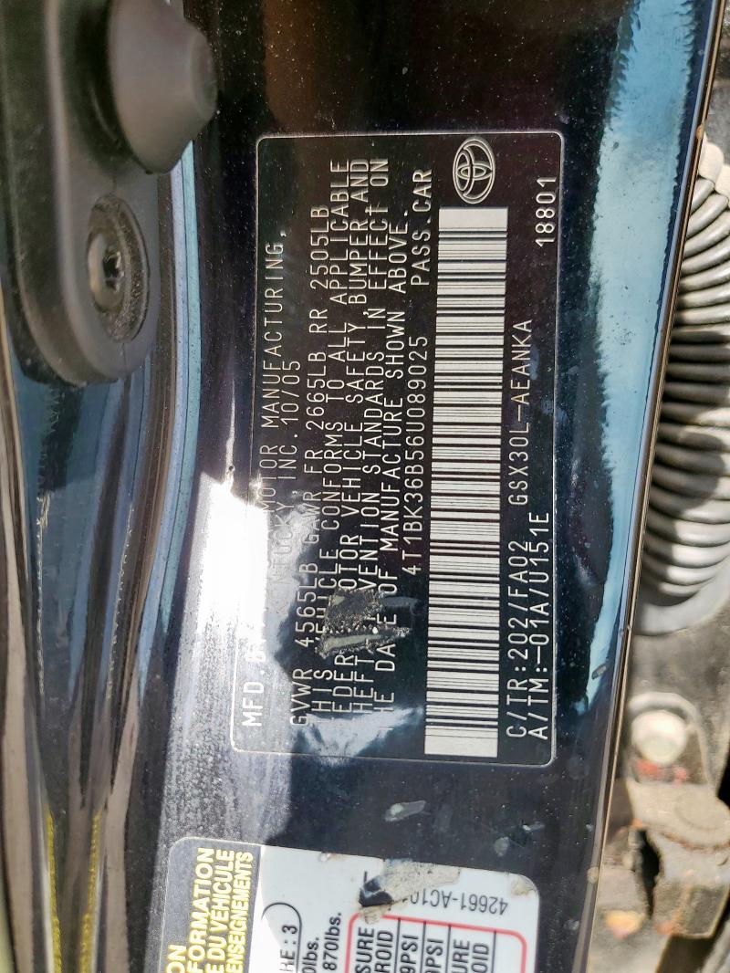 4T1BK36B56U089025 - 2006 TOYOTA AVALON XL BLACK photo 12