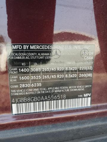 4JGBB8GB0AA556518 - 2010 MERCEDES-BENZ ML 350 4MATIC BURGUNDY photo 13