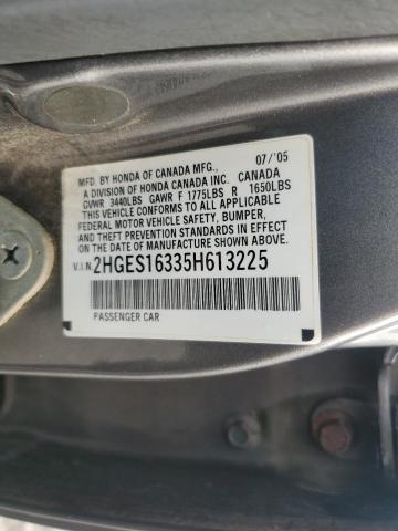 2HGES16335H613225 - 2005 HONDA CIVIC DX VP Մոխրագույն լուսանկար 13