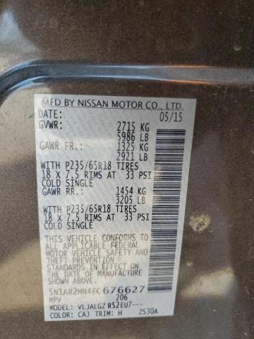 5N1AR2MN4FC676627 - 2015 NISSAN PATHFINDER S BROWN photo 13