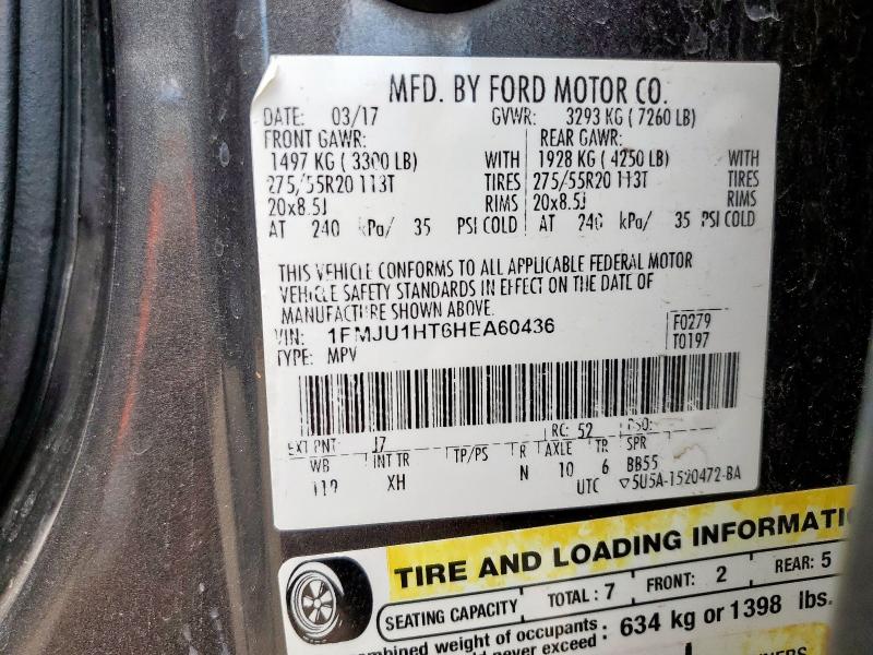 1FMJU1HT6HEA60436 - 2017 FORD EXPEDITION XLT GRAY photo 13