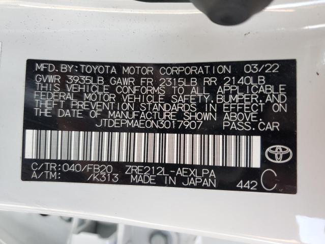 JTDEPMAE0N3017907 - 2022 TOYOTA COROLLA LE 白色 照片 13