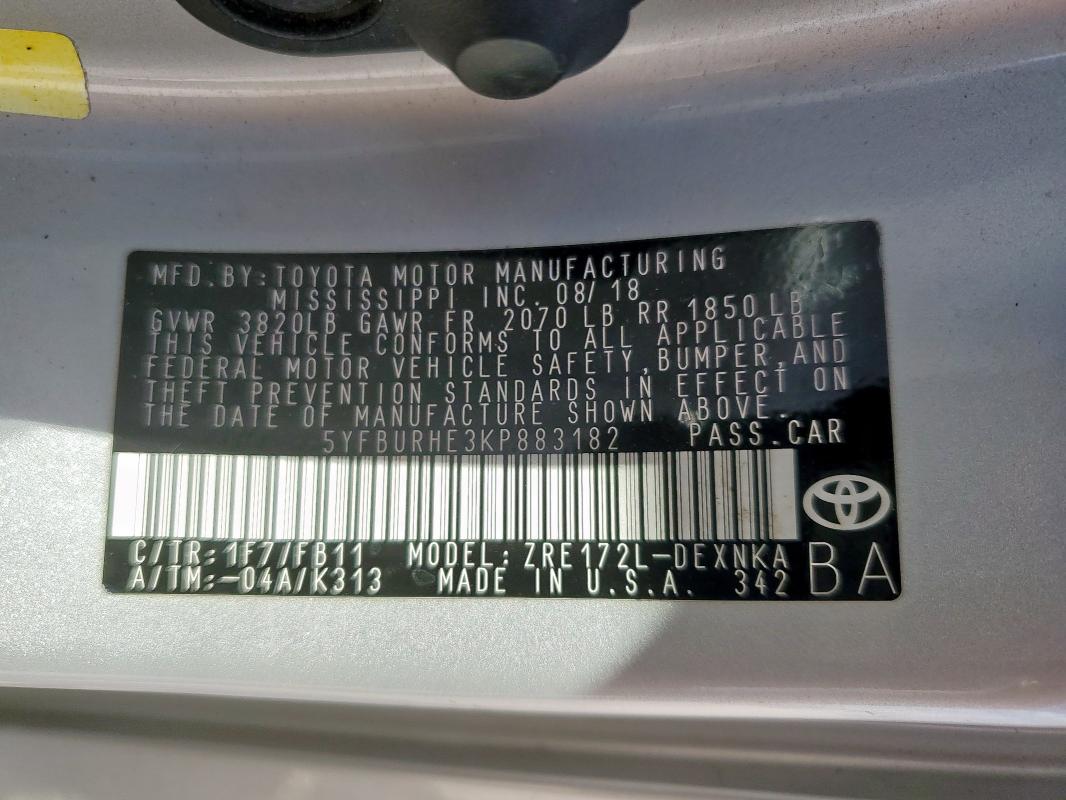 5YFBURHE3KP883182 - 2019 TOYOTA COROLLA L SILVER photo 12