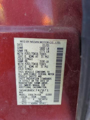 5N1AR18U65C747871 - 2005 NISSAN PATHFINDER LE 勃艮第红 照片 13