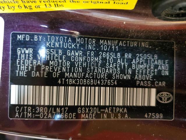 4T1BK3DB6BU437654 - 2011 TOYOTA AVALON BASE MAROON photo 12