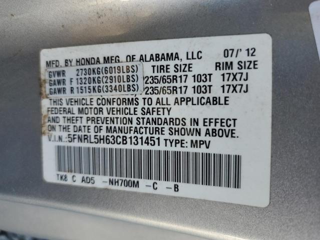 5FNRL5H63CB131451 - 2012 HONDA ODYSSEY EXL SILVER photo 13