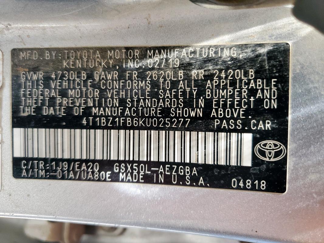 4T1BZ1FB6KU025277 - 2019 TOYOTA AVALON XLE Gümüş foto 12