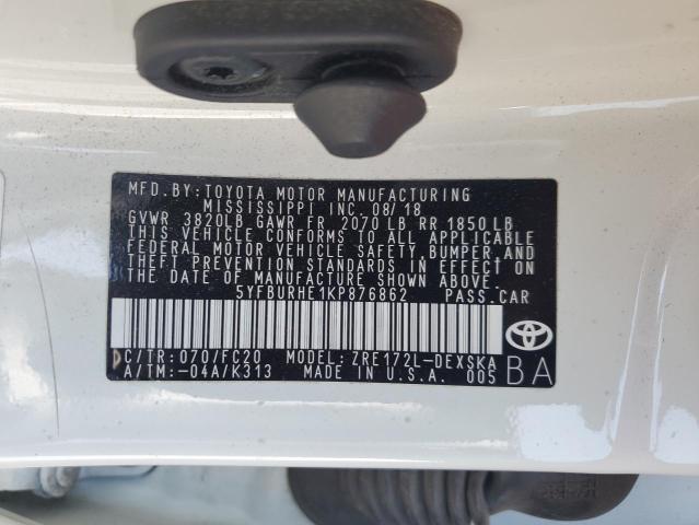 5YFBURHE1KP876862 - 2019 TOYOTA COROLLA L WHITE photo 12