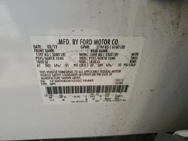 1FM5K8D8XDGC16445 - 2013 FORD EXPLORER XLT თეთრი ფოტო 13