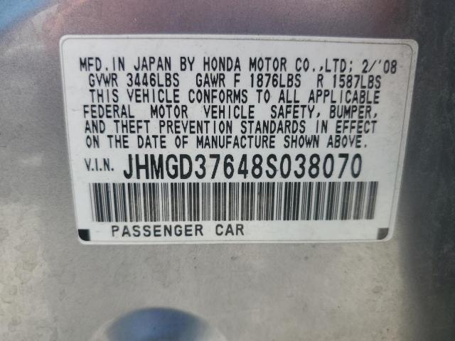 JHMGD37648S038070 - 2008 HONDA FIT SPORT SILVER photo 12