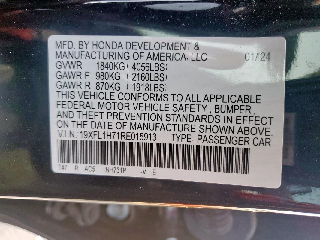 19XFL1H71RE015913 - 2024 HONDA CIVIC EXL BLACK photo 12