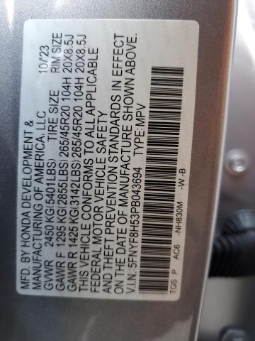 5FNYF8H53PB043694 - 2023 HONDA PASSPORT EXL SILVER photo 13