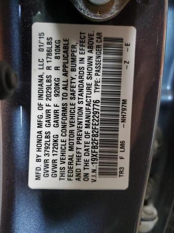 19XFB2F82FE229776 - 2015 HONDA CIVIC EX GRAY photo 12