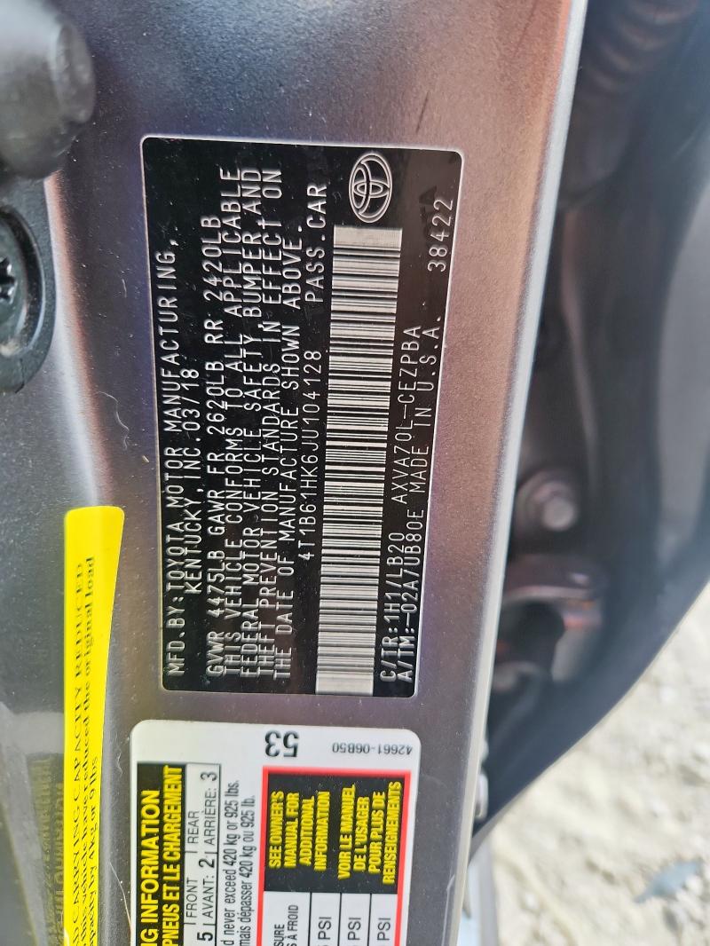 4T1B61HK6JU104128 - 2018 TOYOTA CAMRY XSE GRAY photo 12