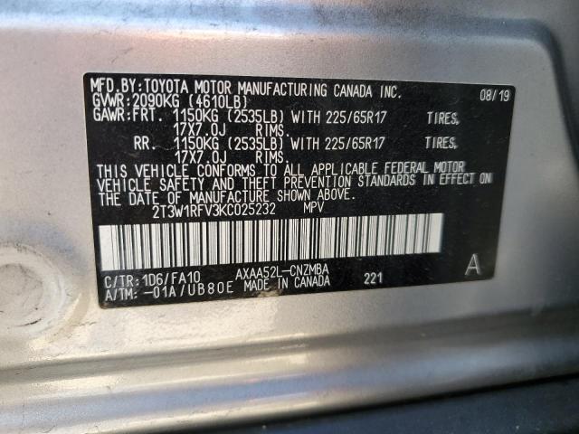 2T3W1RFV3KC025232 - 2019 TOYOTA RAV4 XLE SILVER photo 13