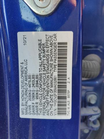 1HGCV2F35MA032861 - 2021 HONDA ACCORD SPORT BLUE photo 12
