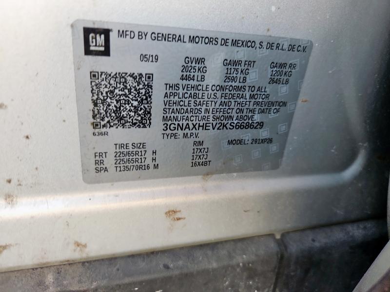 3GNAXHEV2KS668629 - 2019 CHEVROLET EQUINOX LS SILVER photo 12