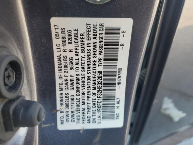 19XFC1F32HE022058 - 2017 HONDA CIVIC EX GRAY photo 12