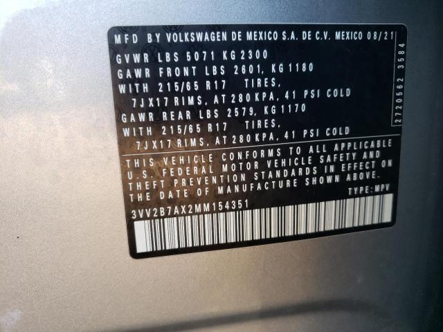 3VV2B7AX2MM154351 - 2021 VOLKSWAGEN TIGUAN SE ვერცხლისფერი ფოტო 12