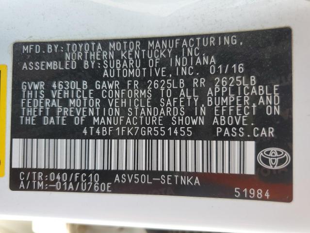 4T4BF1FK7GR551455 - 2016 TOYOTA CAMRY LE 白色 照片 12
