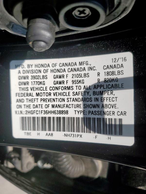 2HGFC1F36HH638898 - 2017 HONDA CIVIC EX BLACK photo 12