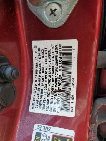 19XFA16829E003304 - 2009 HONDA CIVIC EX RED photo 12