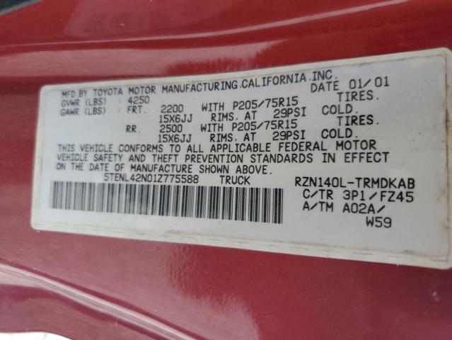 5TENL42N01Z775588 - 2001 TOYOTA TACOMA MAROON photo 12