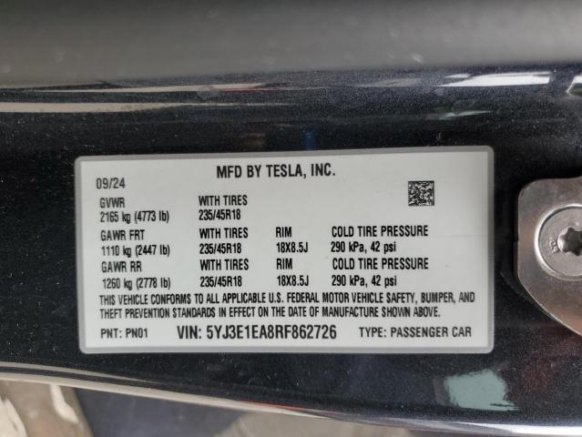 5YJ3E1EA8RF862726 - 2024 TESLA MODEL 3 ნაცრისფერი ფოტო 12