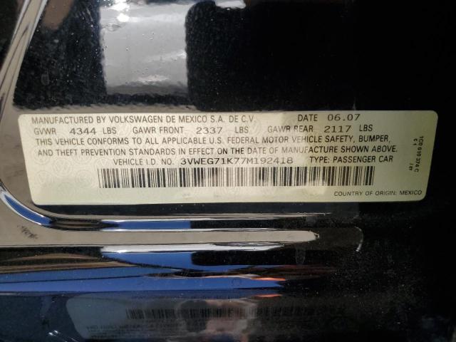 3VWEG71K77M192418 - 2007 VOLKSWAGEN JETTA WOLFSBURG 黑色 照片 12