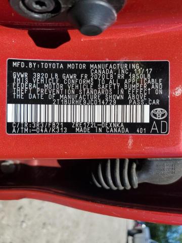 2T1BURHE9JC014729 - 2018 TOYOTA COROLLA L 红色 照片 12