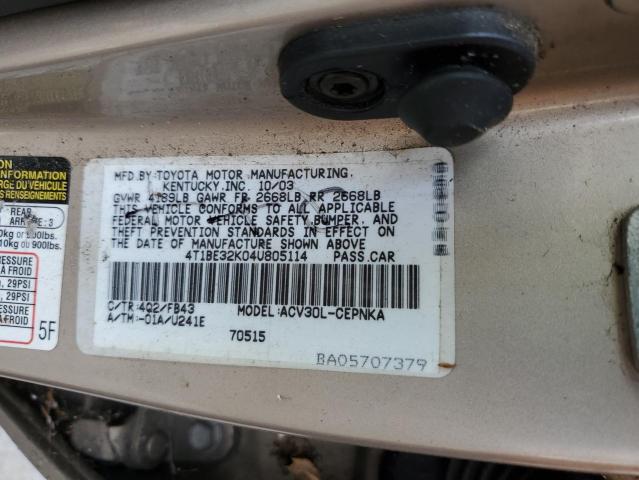4T1BE32K04U805114 - 2004 TOYOTA CAMRY LE GOLD photo 12