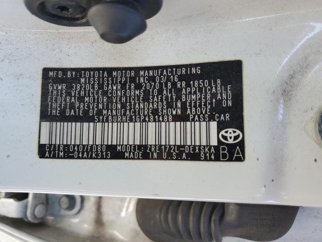 5YFBURHE1GP481488 - 2016 TOYOTA COROLLA L WHITE photo 13