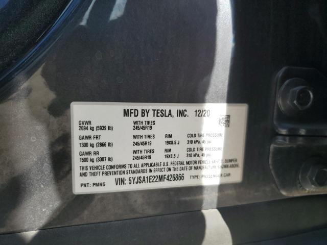 5YJSA1E22MF426866 - 2021 TESLA MODEL S Մոխրագույն լուսանկար 12