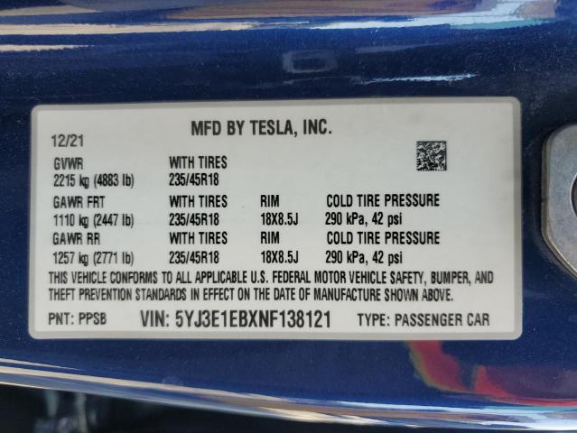 5YJ3E1EBXNF138121 - 2022 TESLA MODEL 3 ლურჯი ფოტო 13